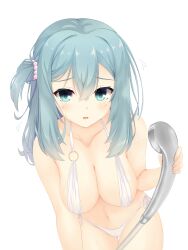 Rule 34 | 1girl, 3:, aqua eyes, aqua hair, bare arms, bare shoulders, beads, bikini, blush, breasts, cameltoe, cleavage, clothed bath, collarbone, commentary, covered erect nipples, cowboy shot, crossed bangs, curvy, double-parted bangs, eyelashes, fingernails, flying sweatdrops, frown, groin, hair beads, hair between eyes, hair ornament, hand up, hanging breasts, highres, hirocchi, holding, holding shower head, large breasts, leaning forward, long hair, looking at viewer, navel, o-ring, o-ring bikini, o-ring top, one side up, open mouth, riddle joker, shikibe mayu, shower head, showering, shy, side-tie bikini bottom, simple background, solo, standing, straight-on, sweatdrop, swimsuit, thigh gap, wet, white background, white bikini