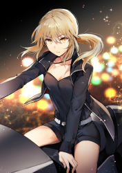Rule 34 | 1girl, artoria pendragon (all), artoria pendragon (fate), belt, black jacket, black shirt, black shorts, blonde hair, blurry, blurry background, breasts, city lights, cleavage, fate/grand order, fate (series), ice (ice aptx), jacket, jewelry, long hair, looking at viewer, medium breasts, motor vehicle, motorcycle, necklace, official alternate costume, on motorcycle, parted lips, ponytail, riding, saber alter, saber alter (ver. shinjuku 1999) (fate), shinjuku (tokyo), shirt, short shorts, shorts, sidelocks, sitting, solo, thighs, tokyo (city), yellow eyes