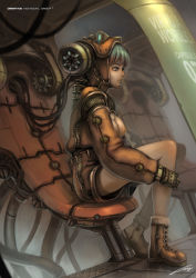 Rule 34 | 1girl, blue eyes, blue hair, boots, breasts, cable, expressionless, helmet, jianran pan, matching hair/eyes, nipples, original, profile, shorts, sitting, solo