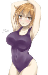 Rule 34 | arms up, bandaid, bandaid on face, blush, breasts, brown eyes, brown hair, cleavage, covered navel, cowboy shot, dated, gakky, highres, kantai collection, large breasts, oboro (kancolle), short hair, simple background, smile, stretching, white background