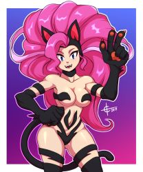 Rule 34 | 1girl, 2019, alternate color, animal ears, animal hands, arm up, blue eyes, breasts, cat ears, cat paws, cat tail, collarbone, eyebrows, fangs, felicia (vampire), gradient background, hand on own hip, highres, large breasts, long hair, looking at viewer, navel, open mouth, original, pink hair, solo, taggo, tail, teeth, v, vampire (game), very long hair
