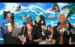 2girls alternate_costume arm_up axel_(kingdom_hearts) bag beach black_coat black_coat_(kingdom_hearts) black_hair blonde_hair closed_mouth coat cooking dark-skinned_male dark_skin demyx food grey_hair hair_slicked_back highres holding holding_water_gun hood hood_down ice_cream_bar kingdom_hearts kingdom_hearts_ii larxene laughing lexaeus long_hair luxord male_focus marluxia mqtsurikq multiple_boys multiple_girls muscular muscular_male ocean organization_xiii popsicle reading red_hair roxas saix sand short_hair smile spiked_hair surfing swimsuit toned toned_male vexen water water_gun xaldin xemnas xigbar xion_(kingdom_hearts) zexion zipper