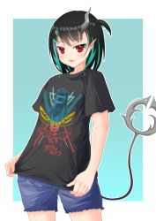Rule 34 | 1girl, nanashi inc., absurdres, alternate costume, black hair, black shirt, blue background, blue hair, blue shorts, blush, character request, closed mouth, commentary request, cowboy shot, demon girl, demon horns, demon tail, flat chest, godzilla, godzilla (series), highres, horns, looking at viewer, medium hair, mothra, multicolored hair, one side up, pointy ears, red eyes, robou no stone, shirt, shishio chris, shorts, smile, solo, sugar lyric, t-shirt, tail, tongue, tongue out, two-tone background, two-tone hair, virtual youtuber, white background