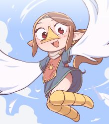 Rule 34 | 1girl, animal feet, beak, blue dress, blush, brown hair, cloud, commentary request, day, dress, feathers, flying, highres, long hair, looking at viewer, medli, monster girl, nintendo, open mouth, orenji (wholesomeorenji), outdoors, pointy ears, ponytail, red eyes, rito, sky, smile, solo, the legend of zelda, the legend of zelda: the wind waker, white wings, wind, wings