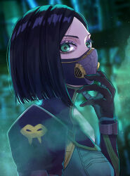 Rule 34 | 1girl, animification, black gloves, black hair, blurry, blurry background, bodysuit, colored smoke, eyeshadow, forehead, gloves, green bodysuit, green eyes, highres, looking at viewer, makeup, mardrom, mask, mouth mask, purple eyeshadow, short hair, smoke, solo, valorant, viper (valorant)