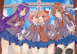 Rule 34 | 4girls, :d, :o, ;d, black legwear, blue eyes, blue skirt, blue sky, bow, brown hair, cloud, commentary, day, doki doki literature club, english commentary, green eyes, grey jacket, hair bow, hair ribbon, holding hands, indoors, interlocked fingers, jacket, long hair, looking at viewer, monika (doki doki literature club), multiple girls, natsuki (doki doki literature club), one eye closed, open clothes, open jacket, open mouth, pink eyes, pink hair, pleated skirt, ponytail, purple eyes, purple hair, red bow, ribbon, sayori (doki doki literature club), school uniform, short hair, skirt, sky, smile, thighhighs, two side up, very long hair, white ribbon, window, xhunzei, yuri (doki doki literature club)