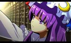 Rule 34 | 1girl, anime coloring, blurry, depth of field, expressionless, fake screenshot, hat, letterboxed, outstretched arm, patchouli knowledge, purple eyes, purple hair, ryo (0626kk), solo, touhou