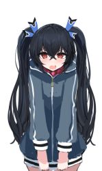Rule 34 | angry, annyoed, black hair, breasts, embarrassed, flustered, hood, hoodie, long hair, medium breasts, neptune (series), noire (neptunia), open mouth, preude07, red eyes, ribbon, thighs, tsundere, twintails, very long hair