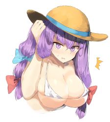 Rule 34 | ^^^, alternate costume, alternate headwear, bad id, bad pixiv id, bare arms, bare shoulders, bikini, bikini top only, blue bow, blush, bow, breasts, cleavage, collarbone, commentary request, hair bow, tucking hair, hat, large breasts, long hair, looking at viewer, micro bikini, micro bikini top, parted lips, patchouli knowledge, purple eyes, purple hair, red bow, solo, straw hat, suminagashi, surprised, sweat, swimsuit, touhou, underboob, upper body, white bikini