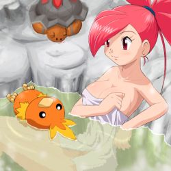Rule 34 | 00s, 1girl, bare shoulders, bath, blood, breasts, cleavage, creatures (company), flannery (pokemon), game freak, gen 3 pokemon, gym leader, large breasts, lowres, naked towel, nintendo, nosebleed, onsen, pink hair, pokemoa, pokemon, pokemon (creature), pokemon rse, ponytail, red eyes, sitting, smile, torchic, torkoal, towel, water