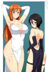 Rule 34 | 2girls, armpits, arms behind head, ass, backless dress, backless outfit, bare back, bare hips, bare shoulders, black dress, black eyes, black gloves, black hair, black vs white, bleach, blue background, breasts, cleavage, collarbone, commentary, commission, dress, elbow gloves, english commentary, facing viewer, female focus, from behind, gloves, highleg, highleg dress, highres, inoue orihime, kuchiki rukia, large breasts, lindaroze, long hair, looking back, multiple girls, navel, no bra, no panties, o-ring, orange hair, paid reward available, purple eyes, short hair, shy, simple background, skindentation, small breasts, standing, thigh strap, thighs, twitter username, watermark, web address, white dress, white gloves