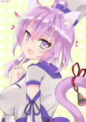Rule 34 | 1girl, ahoge, alternate costume, animal ear fluff, animal ears, ashibe h, bell, breasts, cat ears, cat girl, cat tail, hair between eyes, hat, heart, highres, hololive, large breasts, looking at viewer, nekomata okayu, open mouth, purple eyes, purple hair, ribbon, shirt, short hair, smile, solo, tail, tail bell, tail ornament, tail ribbon, upper body, virtual youtuber