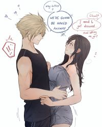 Rule 34 | !, !!, 1boy, 1girl, bare arms, bare shoulders, black hair, black pants, black shirt, blonde hair, blue eyes, blush, closed mouth, cloud strife, couple, cowboy shot, english text, eye contact, final fantasy, final fantasy vii, from side, height difference, hetero, highres, hug, long hair, looking at another, maiii (smaii i), naked towel, pants, profile, shirt, short hair, shorts, simple background, sleeveless, smile, speech bubble, symbol-only commentary, tifa lockhart, towel, white background