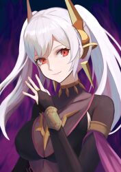Rule 34 | 1girl, breasts, cleavage, closed mouth, dark persona, fire, fire emblem, fire emblem awakening, fire emblem heroes, grima (fire emblem), highres, labebebe lee, long hair, long sleeves, looking at viewer, medium breasts, nintendo, official alternate costume, purple fire, red eyes, robin (female) (fell tactician) (fire emblem), robin (female) (fire emblem), robin (fire emblem), smile, solo, tiara, twintails, upper body, white hair