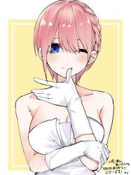 Rule 34 | 1girl, arm under breasts, bare shoulders, blue eyes, blush, braid, breast hold, breasts, bridal gauntlets, cleavage, collarbone, commentary request, commission, double-parted bangs, dress, eyebrows hidden by hair, eyelashes, finger to mouth, go-toubun no hanayome, hair between eyes, hand up, highres, large breasts, looking at viewer, mame1645, nakano ichika, official alternate costume, official alternate hairstyle, one eye closed, pink hair, second-party source, short hair, side braid, signature, simple background, skeb commission, smile, solo, straight-on, straight hair, strapless, strapless dress, upper body, wedding dress, white dress, yellow background