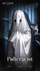 Rule 34 | 1other, ambiguous gender, blue background, bucket, character name, copyright name, curtains, english text, ghost costume, hands up, highres, logo, official art, poltergeist (reverse:1999), reverse:1999, solo, spotlight, starfish, upper body