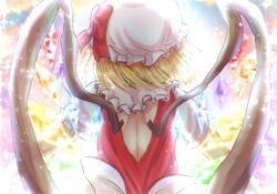 Rule 34 | 1girl, back bow, backless outfit, blonde hair, bow, commentary, crystal, facing away, flandre scarlet, frilled shirt collar, frilled sleeves, frills, glowing, glowing wings, hat, hat bow, large bow, medium hair, mob cap, multicolored wings, puffy short sleeves, puffy sleeves, red bow, red vest, sacchan happy, shirt, short sleeves, solo, symbol-only commentary, touhou, upper body, vest, white bow, white hat, white shirt, wings