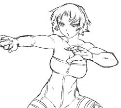 Rule 34 | 1girl, bare shoulders, blush, breasts, cleavage, female focus, fighting stance, final fantasy, final fantasy tactics, frown, greyscale, large breasts, monk, monk (fft), monochrome, open mouth, short hair, simple background, solo, tsukudani (coke-buta), unitard, white background