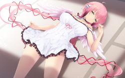 Rule 34 | 1girl, ahoge, angel wings, aqua eyes, blush, breasts, cait aron, chain, collar, cowboy shot, dress, dutch angle, feathered wings, frilled dress, frills, green eyes, highres, ikaros, large breasts, long hair, looking at viewer, lying, on back, parted lips, pink hair, ribbon, sleeveless, sleeveless dress, solo, sora no otoshimono, strap slip, tatami, twintails, very long hair, white dress, white wings, wings