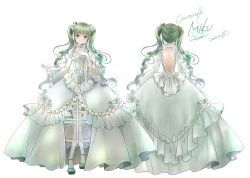 Rule 34 | 10s, 1girl, 2013, back cutout, backless dress, backless outfit, bare back, cantarella (vocaloid), character name, character sheet, clothing cutout, concept art, copyright name, dated, dress, elbow gloves, flower, frilled dress, frills, gloves, green eyes, green hair, hair flower, hair ornament, hatsune miku, itto maru, crossed legs, long hair, matching hair/eyes, multiple views, pantyhose, project diva (series), project diva f 2nd, sitting, twintails, vocaloid, white dress