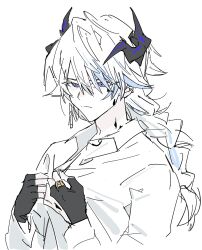 Rule 34 | 1boy, arknights, black gloves, braid, buttoning, closed mouth, commentary, crystal, earrings, gloves, highres, horns, jewelry, kaninn, long sleeves, male focus, material growth, oripathy lesion (arknights), partially fingerless gloves, puzzle (arknights), ring, shirt, simple background, solo, upper body, white background, white hair, white shirt