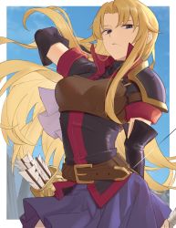 Rule 34 | 1girl, armor, arrow (projectile), belt, black gloves, blonde hair, blue background, blue eyes, bow (weapon), breastplate, clarisse (fire emblem), cowboy shot, ebinku, elbow gloves, fire emblem, fire emblem: mystery of the emblem, fire emblem: new mystery of the emblem, gloves, highres, holding, holding bow (weapon), holding weapon, long hair, looking at viewer, nintendo, purple skirt, quiver, short sleeves, skirt, solo, very long hair, weapon