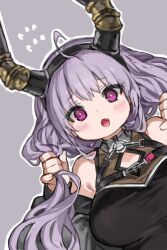 Rule 34 | 1girl, ahoge, arknights, black dress, black hairband, blush, breasts, chest harness, commentary, dress, fake horns, fang, flying sweatdrops, grey background, grey jacket, hairband, harness, highres, holding, holding own hair, horn hairband, horns, jacket, kkaebing, long hair, looking at viewer, low twintails, medium breasts, o-ring, off shoulder, open clothes, open jacket, open mouth, outline, purple eyes, purple hair, simple background, smile, solo, twintails, typhon (arknights), upper body, white outline