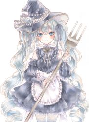 Rule 34 | 1girl, apron, aqua hair, black dress, black sleeves, blue eyes, detached sleeves, dress, fork, green nails, hat, hatsune miku, highres, holding, holding fork, long hair, marker (medium), nail polish, oversized object, paruno, ribbon, smile, solo, thighhighs, traditional media, twintails, vocaloid, white apron, white background, witch hat, yellow ribbon