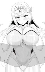 Rule 34 | 1girl, absurdres, breast press, breasts, censored, gatyo 5, greyscale, hair ornament, highres, large breasts, long hair, looking at viewer, monochrome, mythra (xenoblade), nintendo, paizuri, paizuri under clothes, penis, simple background, solo, solo focus, tiara, very long hair, white background, xenoblade chronicles (series), xenoblade chronicles 2
