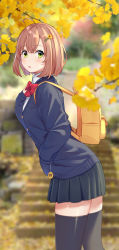 Rule 34 | 1girl, :o, absurdres, ahoge, backpack, bag, blurry, blurry background, bow, brown hair, buttons, cardigan, collared shirt, day, film grain, flower, ginkgo tree, green eyes, hair flower, hair ornament, hairpin, hand in pocket, highres, honma himawari, kongbai, leaning forward, looking at viewer, nijisanji, open mouth, pleated skirt, red bow, school uniform, shirt, short hair, skirt, solo, standing, sunflower, sunflower hair ornament, tagme, thighhighs, twisted torso, virtual youtuber, zettai ryouiki