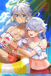 Rule 34 | 13 (spice!!), 2girls, absurdres, ahoge, alisaie leveilleur, au ra, bare shoulders, bikini, blue eyes, braid, breasts, cleavage, closed eyes, collarbone, commentary, commission, cowboy shot, day, detached sleeves, dragon horns, elezen, elf, feeding, final fantasy, final fantasy xiv, food, frilled bikini, frills, hair ribbon, highres, holding, holding food, holding spoon, horn ornament, horn ring, horns, innertube, lens flare, long hair, looking at another, low ponytail, midriff, multiple girls, navel, open mouth, outdoors, palm leaf, partially submerged, pixiv commission, pointy ears, ribbon, scales, shaved ice, short hair, silver hair, single braid, sky, small breasts, smile, spoon, summer, swim ring, swimsuit, warrior of light (ff14), water, wristband