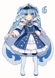 Rule 34 | 1girl, anchor print, aryuma772, badge, belt, black legwear, blue dress, blue eyes, blue hair, boots, borrowed design, coat, coat on shoulders, commentary, dress, eighth note, frilled dress, frills, full body, hair ornament, hand on own hip, hat, hatsune miku, highres, knee boots, long hair, looking at viewer, military, military uniform, musical note, musical note print, naval uniform, open clothes, open coat, peaked cap, rope, sailor hat, smile, snowflake hair ornament, snowflake print, solo, standing, star (symbol), star print, twintails, uniform, very long hair, vocaloid, white background, white coat, white footwear, white hat, yuki miku, yuki miku (2022) (candidate no.6)