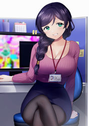 Rule 34 | 1girl, :d, arm support, ayase eli, bad id, bad pixiv id, black legwear, braid, braided ponytail, breasts, calendar (object), chair, cleavage, collarbone, cubicle, desk, green eyes, hair over shoulder, highres, kazepana, keyboard (computer), lanyard, large breasts, light blush, long hair, long sleeves, looking at viewer, love live!, love live! school idol project, miniskirt, monitor, name tag, office chair, office lady, open mouth, panties, pen, pencil, pencil skirt, pink shirt, purple hair, purple skirt, ribbed shirt, shirt, shirt tucked in, sitting, skirt, smile, solo, sticky note, swivel chair, tojo nozomi, underwear, yazawa nico