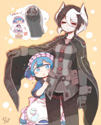 Rule 34 | &gt; &lt;, 1boy, 1girl, apron, arm at side, arrow (symbol), beco (100me), belt, belt pouch, black cloak, black eyes, black hair, black pants, blue eyes, blue hair, blunt bangs, blush, blush stickers, buttons, chain, chibi, chibi inset, child, clinging, cloak, closed eyes, clothes grab, collared cloak, commentary, covering with clothes, cowboy shot, crossdressing, d:, dotted background, dress, dx, eye contact, flying sweatdrops, frilled apron, frills, gloves, grey gloves, grey jacket, hair between eyes, half-closed eyes, hatching (texture), height difference, hiding, hiding behind another, highres, jacket, layered dress, long sleeves, looking at another, looking up, made in abyss, maid apron, maid headdress, maruruk, motion lines, multicolored hair, o-ring, o-ring belt, open mouth, outstretched arm, ozen, pants, pink headwear, pouch, short hair, signature, smile, solid circle eyes, solid oval eyes, standing, standing on box, streaked hair, symbol-only commentary, translated, trap, triangle mouth, two-tone hair, waist apron, whistle, whistle around neck, white apron, white hair, yellow background, yellow pupils