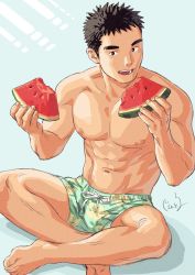 Rule 34 | 1boy, abs, bara, commentary, food, fruit, gentle2nd, large pectorals, male focus, mature male, muscular, muscular male, navel, nipples, original, pectorals, short hair, solo, spiked hair, stomach, topless male, watermelon