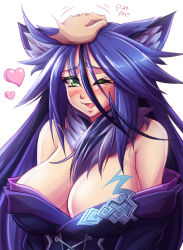 Rule 34 | 1girl, ;d, animal ears, bare shoulders, blue hair, blush, breast tattoo, breasts, cat ears, cleavage, colored eyelashes, disembodied limb, fang, fur, green eyes, happy, headpat, heart, japanese clothes, kimono, large breasts, long hair, male hand, mazume, monster girl, monster girl encyclopedia, one eye closed, open mouth, raiju (monster girl encyclopedia), simple background, slit pupils, smile, solo focus, tattoo, upper body, white background, wince