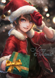 Rule 34 | 1girl, absurdres, black shirt, blouse, blurry, brown hair, commentary, depth of field, english text, fur trim, gift, gloves, hair between eyes, hand on headwear, hat, head tilt, highres, holding, holding gift, holly, jacket, kazeo-yuurin, looking at viewer, merry christmas, open clothes, open jacket, original, parted lips, purple eyes, red gloves, red jacket, ribbon, santa hat, shirt, short hair, smile, snowflakes, solo, tree print, yellow ribbon