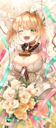 Rule 34 | 10s, 1girl, ;d, ahoge, aqua ribbon, bad id, bad pixiv id, bare shoulders, blonde hair, blush, bouquet, breasts, brown ribbon, cleavage, commentary request, detached sleeves, fate/extra, fate/extra ccc, fate/grand order, fate (series), flower, green eyes, hair between eyes, hair flower, hair intakes, hair ornament, highres, holding, holding bouquet, juliet sleeves, large breasts, leotard, long hair, long sleeves, looking at viewer, nero claudius (bride) (fate), nero claudius (bride) (second ascension) (fate), nero claudius (fate), nero claudius (fate) (all), one eye closed, open mouth, pink ribbon, puffy sleeves, ribbon, rose, smile, solo, strapless, strapless leotard, thighhighs, utayoi (umakatare), white flower, white leotard, white rose, white thighhighs, wide sleeves, zipper pull tab