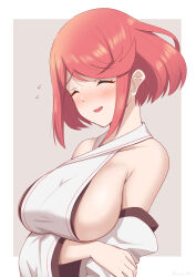 Rule 34 | 1girl, absurdres, bare shoulders, blush, breasts, closed eyes, commentary, cosplay, detached sleeves, flying sweatdrops, highres, holding own arm, large breasts, pyra (xenoblade), red hair, ryochan96154, short hair, sideboob, sidelocks, simple background, smile, solo, upper body, xenoblade chronicles (series), xenoblade chronicles 2