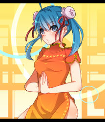 Rule 34 | 1girl, alternate hair length, alternate hairstyle, bad id, bad pixiv id, blue eyes, china dress, chinese clothes, double bun, dress, hatsune miku, letterboxed, own hands together, rooto, solo, twintails, vocaloid