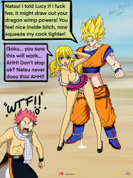 Rule 34 | 1girl, 2021, 2boys, abs, absurdres, aoki marz, bare arms, bare shoulders, black footwear, blonde hair, breasts, brown eyes, cheating (relationship), cleavage, clothed sex, covered erect nipples, crossover, cum, cum in pussy, cum overflow, cum pool, dragon ball, dragon ball super, dragonball z, english text, fairy tail, full body, green eyes, hetero, high heels, highres, layered skirt, leaning forward, long hair, looking at viewer, lucy heartfilia, microskirt, midriff peek, multiple boys, muscular, muscular male, natsu dragneel, navel, netorare, no socks, outdoors, panties, patreon logo, patreon username, pectoral cleavage, pectorals, pink hair, pink panties, pink skirt, pumps, scarf, sex, sex from behind, sharp teeth, short hair, skirt, son goku, speech bubble, standing, super saiyan, surprised, teeth, tongue, tongue out, topless male, twintails, underwear