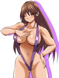 Rule 34 | 00s, 1girl, bikini, blush, breasts, brown eyes, brown hair, cleavage, closed mouth, gluteal fold, highres, ichigo 100 percent, inabakun00, kitaooji satsuki, large breasts, long hair, looking at viewer, matching hair/eyes, navel, purple bikini, silhouette, simple background, slingshot swimsuit, smile, solo, standing, swimsuit, white background
