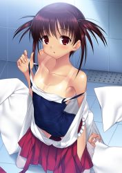 Rule 34 | 1girl, :o, bare shoulders, blush, brown hair, collarbone, flat chest, highres, japanese clothes, kneeling, looking at viewer, miko, one-piece swimsuit, red eyes, saki (manga), school swimsuit, shiny clothes, skindentation, solo, strap pull, strap slip, suzume inui, swimsuit, swimsuit under clothes, tan, tanline, thighhighs, undressing, usuzumi hatsumi