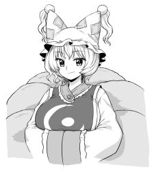 Rule 34 | 1girl, :/, blush, closed mouth, greyscale, hands in opposite sleeves, hat, highres, itou yuuji, looking at viewer, medium hair, monochrome, simple background, smile, solo, touhou, upper body, white background, yakumo ran