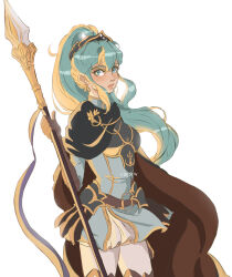 Rule 34 | 1girl, belt, blonde hair, boots, cape, commentary, cowboy shot, eirika (fire emblem), eirika (pledged restorer) (fire emblem), eiriseth, english commentary, fire emblem, fire emblem: the sacred stones, fire emblem heroes, green hair, hair ornament, holding, holding weapon, looking to the side, multicolored hair, nintendo, official alternate costume, official alternate hairstyle, ponytail, sidelocks, simple background, solo, thigh boots, two-tone hair, weapon, white background