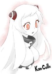 Rule 34 | 10s, 1girl, abyssal ship, airfield princess, bright pupils, collar, colored skin, commentary request, copyright name, eyeliner, horns, kantai collection, long hair, makeup, no eyebrows, red eyes, shigino sohuzi, solo, white hair, white pupils, white skin