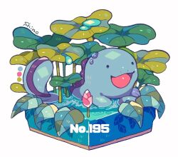 Rule 34 | :d, artist name, bud, color guide, commentary request, creatures (company), faux figurine, flower, game freak, gen 2 pokemon, in water, leaf, lotus, lotus leaf, nintendo, no humans, open mouth, partially submerged, plant, pokedex number, pokemon, pokemon (creature), quagsire, shino (shinoru p), simple background, smile, solo, water, water drop, white background