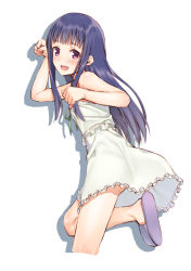 Rule 34 | 1girl, :d, blue hair, blush, character request, dress, from side, green dress, green ribbon, hair over shoulder, long hair, looking at viewer, mikazuchi zeus, open mouth, paw pose, purple eyes, ribbon, shadow, simple background, sleeveless, slippers, smile, solo, standing, standing on one leg, teeth, upper teeth only, white background, white dress