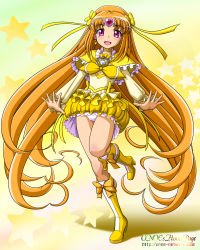 Rule 34 | 10s, 1girl, :d, artist name, body blush, boots, bow, brooch, bubble skirt, capelet, choker, circlet, cure muse, cure muse (yellow), dress, earrings, flat chest, frills, gradient background, hair bow, heart, heart earrings, high heels, highres, jewelry, knee boots, kneehighs, leg lift, long hair, looking at viewer, magical girl, onoe, open mouth, orange hair, panties, pantyshot, parted bangs, pink eyes, precure, ribbon, shadow, shirabe ako, shoes, short dress, skirt, smile, socks, solo, standing, standing on one leg, star (symbol), suite precure, underwear, upskirt, very long hair, watermark, web address, white panties, yellow bow, yellow dress, yellow skirt, yellow socks