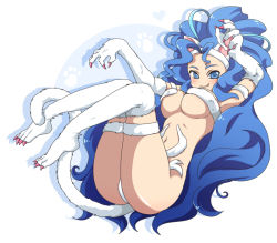 Rule 34 | 1girl, animal ears, animal hands, ass, big hair, blue eyes, blue hair, blush, breasts, capcom, cat ears, cat girl, cat tail, fang, felicia (vampire), female focus, full body, fur, hairband, heart, isuka, large breasts, long hair, lying, matching hair/eyes, navel, on back, paw print, solo, tail, thighhighs, vampire (game), very long hair, white background